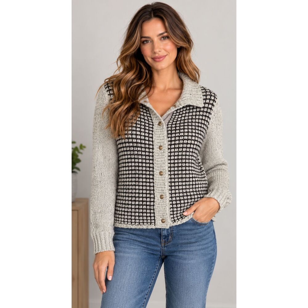 CAbi XL Chunky Knit Cardigan Black Cream Textured Sweater Grandmacore momcore